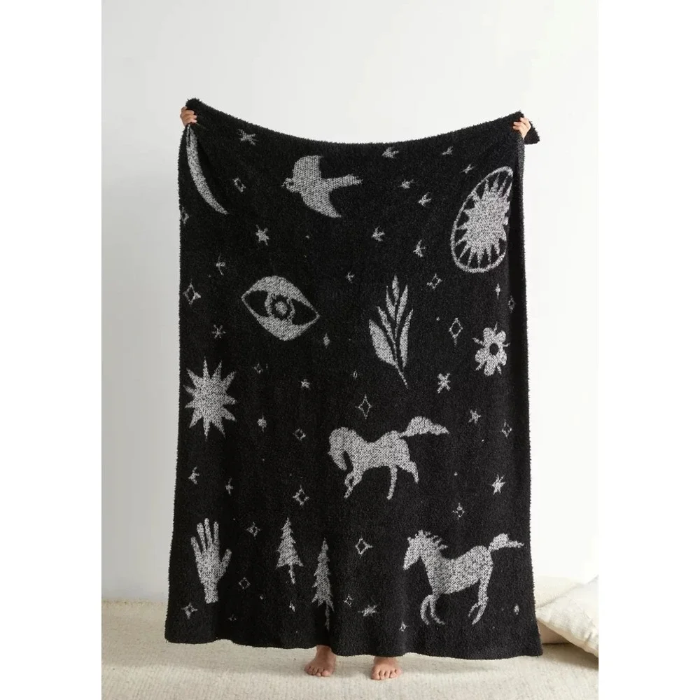 Urban Outfitters Mystical Jacquard Throw Blanket OS Black White Horse Boho Home